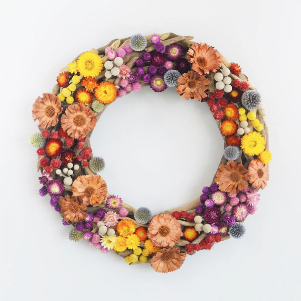 Dry Summer Wreath | Preserved Summer Wreath | Globe Thistle Wreath | Gomphrena Wreath | Brunia Ball Wreath | Yellow Craspedia Billy Ball Wreath