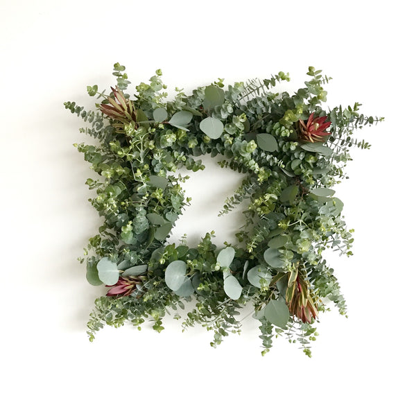 Baby Eucalyptus Wreath | Jester Leucadendron Wreath | Square Wreath | Wreath Club |  Silver Dollar Eucalyptus Wreath